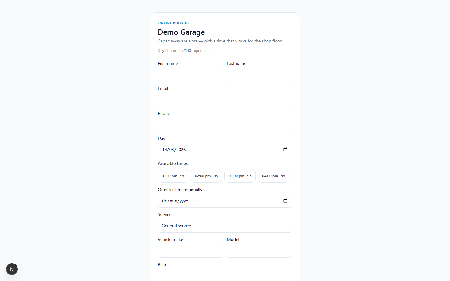 Public online booking page for demo garage